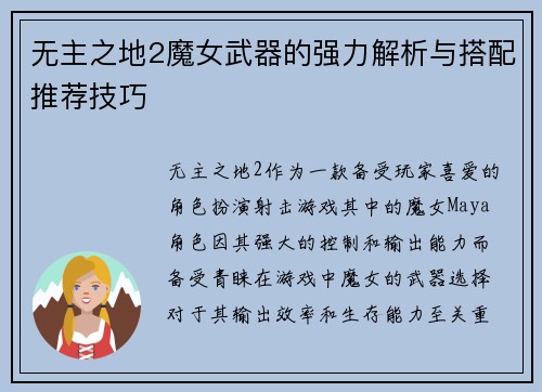 无主之地2魔女武器的强力解析与搭配推荐技巧